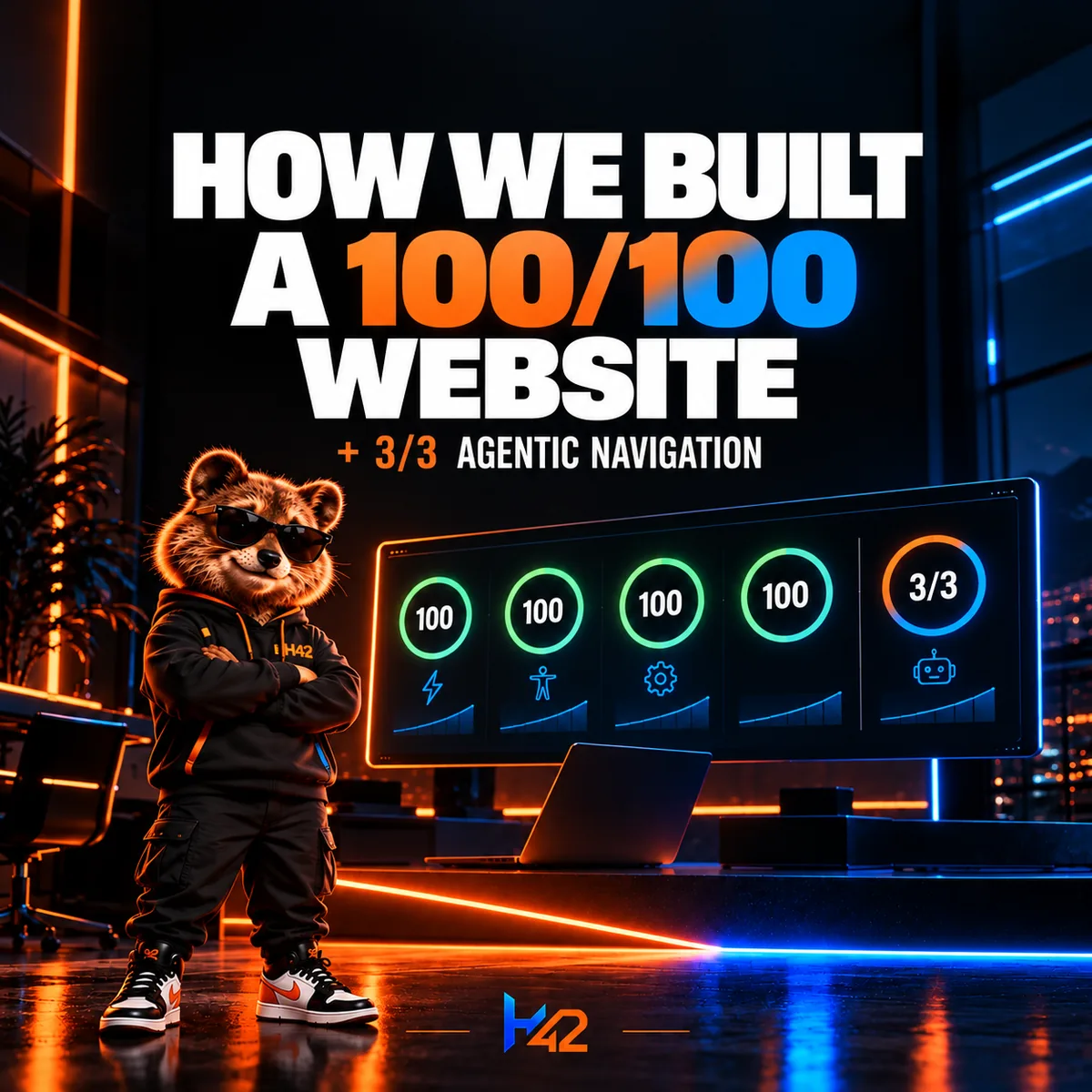 Quash, the Hash42 quokka mascot, standing with arms crossed and sunglasses in front of a monitor showing four 100 scores and a 3/3, under the title How we built a 100/100 website