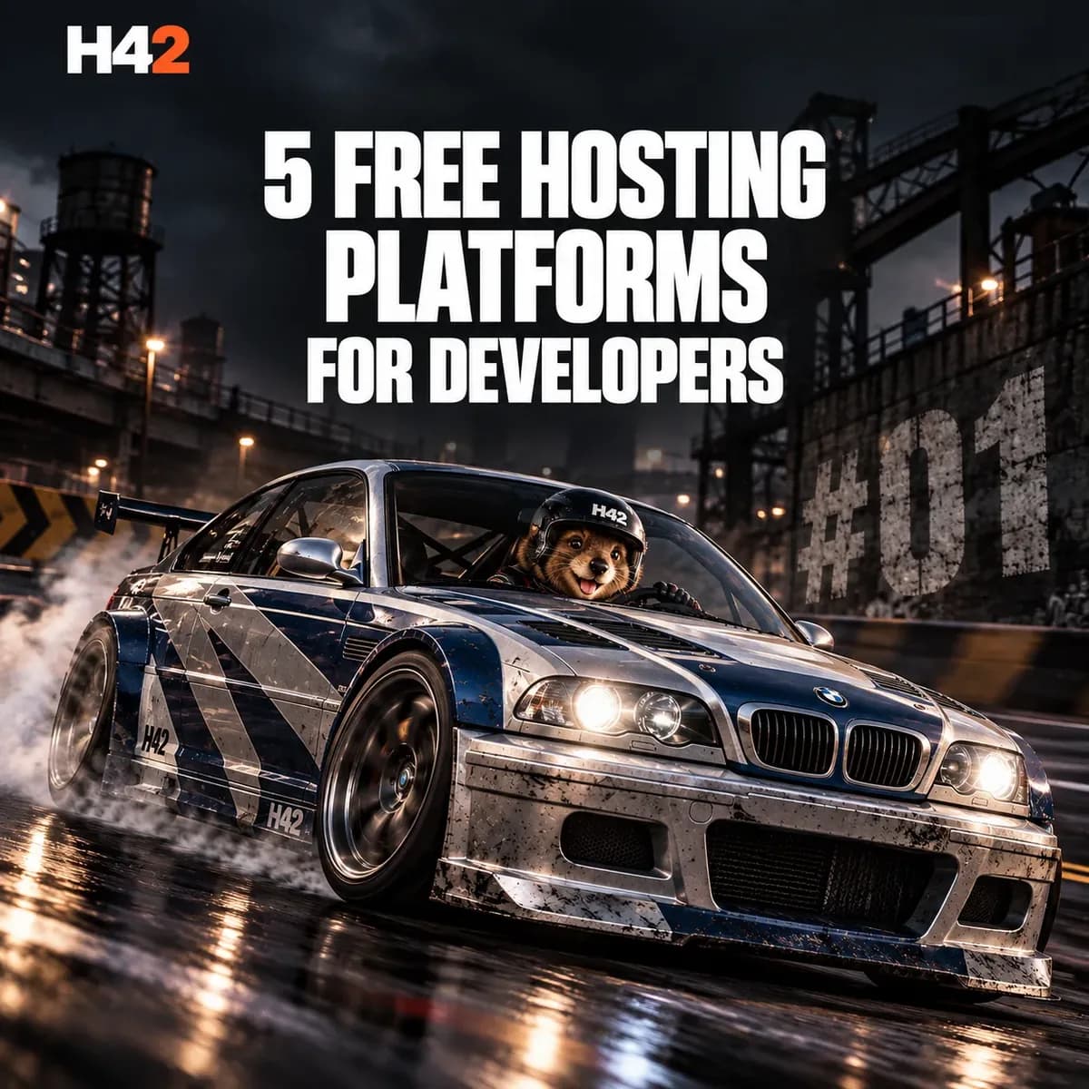 Quash, il quokka mascotte di Hash42, con il casco alla guida di un'auto da corsa argento e blu che sbanda su una strada bagnata di notte, sotto il titolo 5 free hosting platforms for developers
