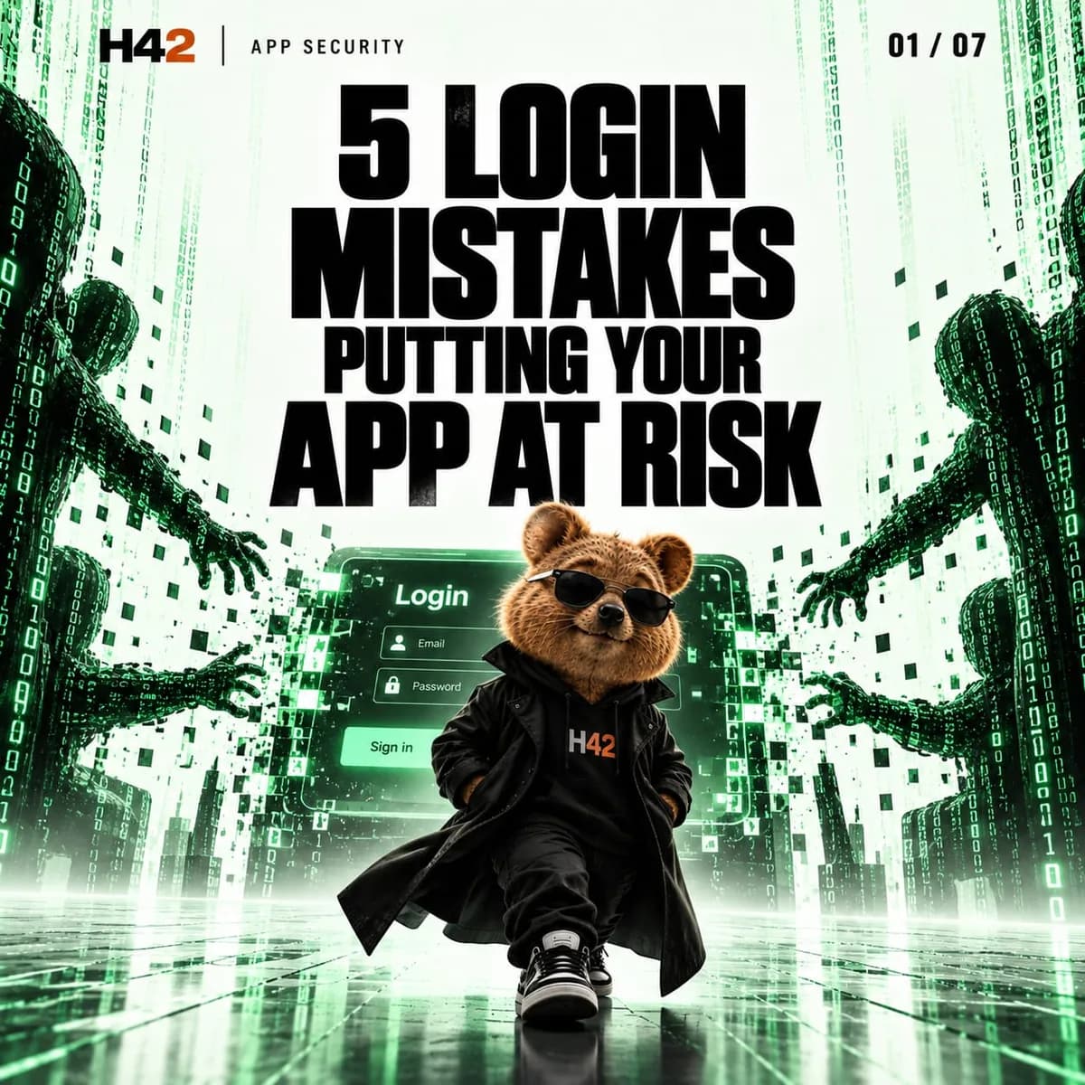 Quash, la mascotte quokka di Hash42 Labs, con occhiali scuri e cappotto nero in uno scenario verde in stile Matrix, sotto il titolo 5 Login Mistakes Putting Your App at Risk