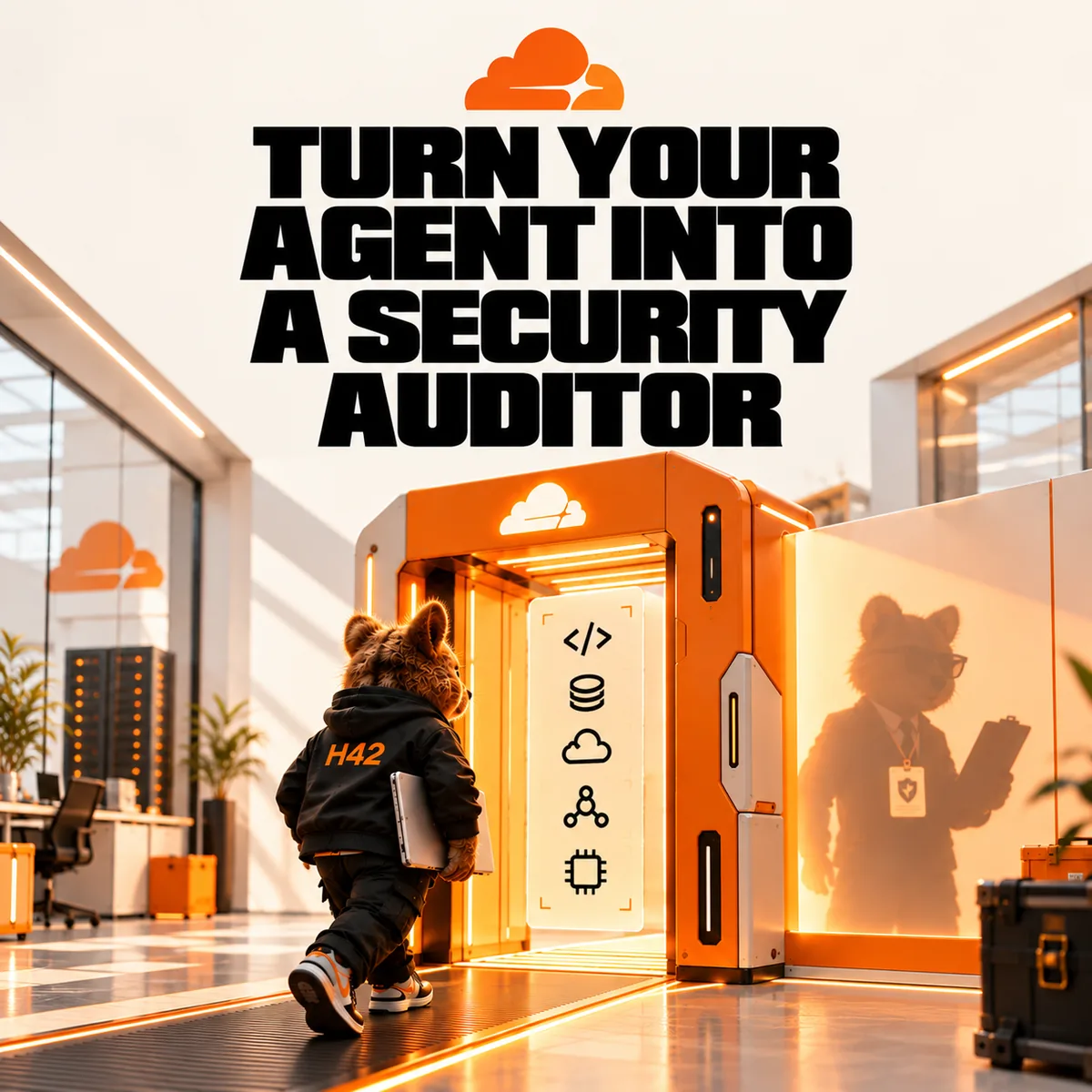 Quash, the Hash42 quokka mascot, carrying a laptop and walking into an orange gateway with the Cloudflare logo, while his shadow in a suit holds an auditor's clipboard, under the title Turn your agent into a security auditor