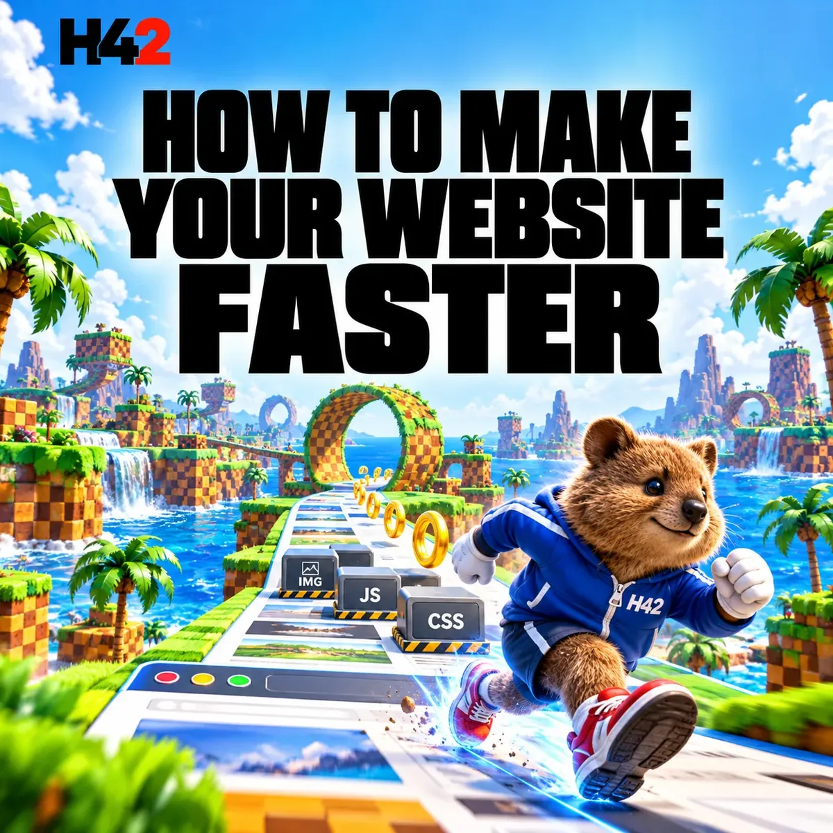 Quash, il quokka mascotte di Hash42, corre su una pista fatta di pagine web superando blocchi con scritto IMG, JS e CSS, sotto il titolo How to make your website faster