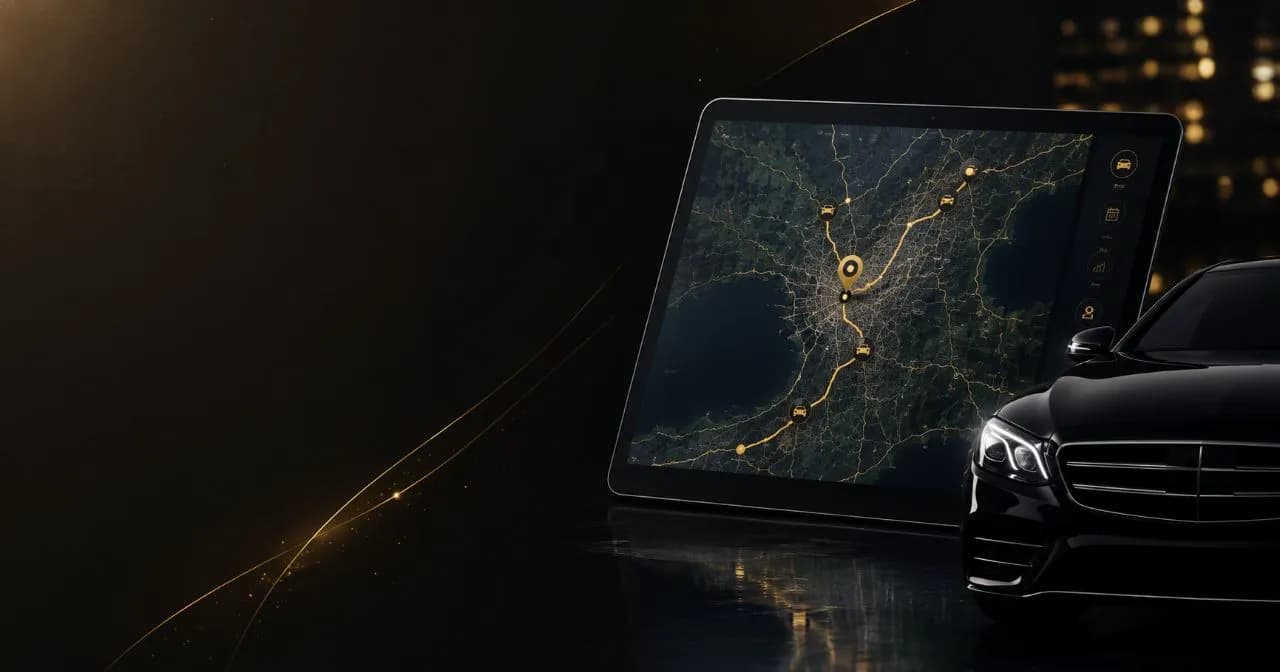 Dashboard di Velora con la mappa su un tablet, accanto a un'auto nera