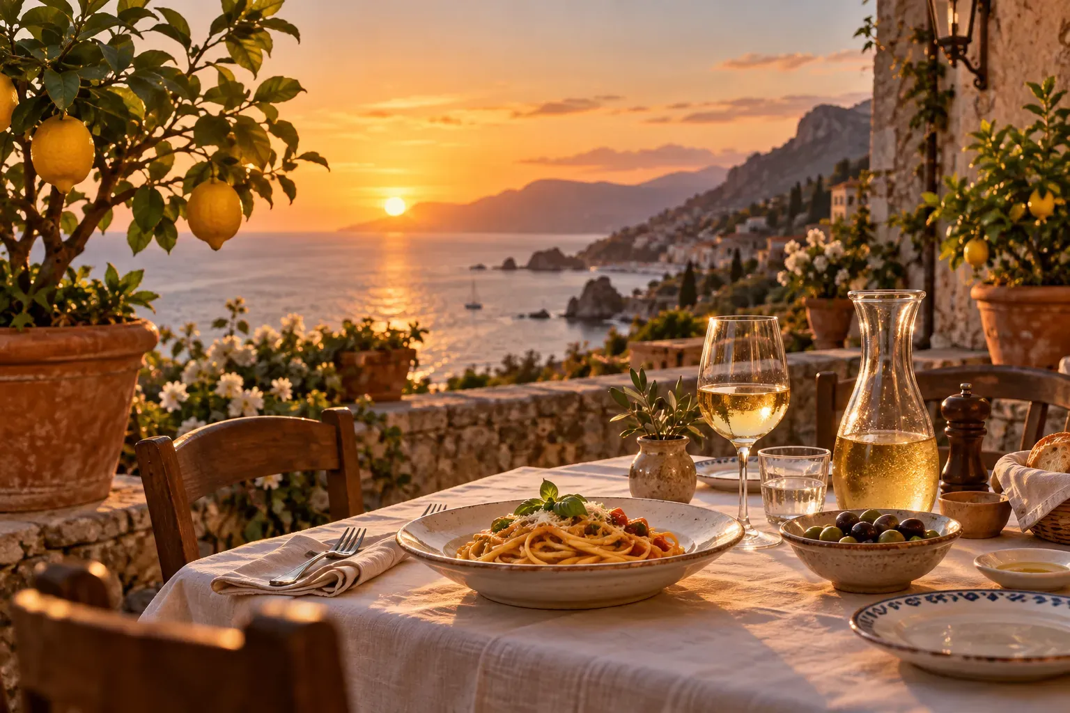 Sito di esempio di un ristorante: terrazza sul mare al tramonto con un piatto di pasta