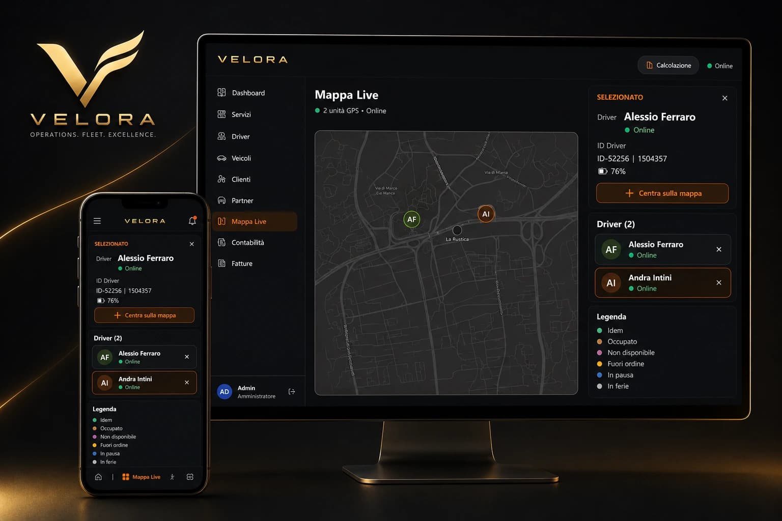 Velora Operations Dashboard - Live GPS map and driver management